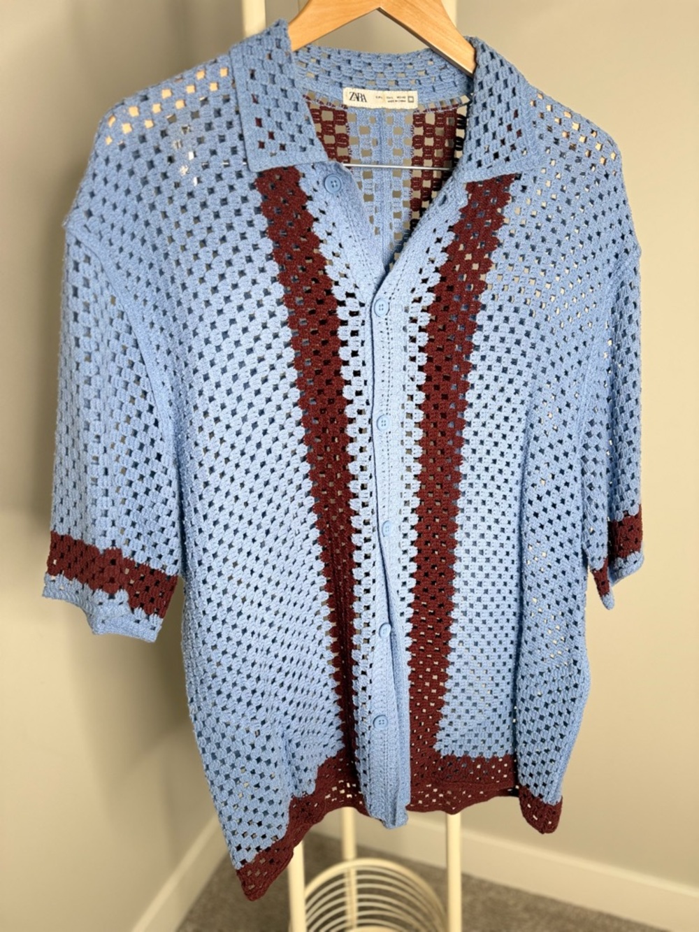 Zara Light Blue and Burgundy Crochet Button-Down Shirt